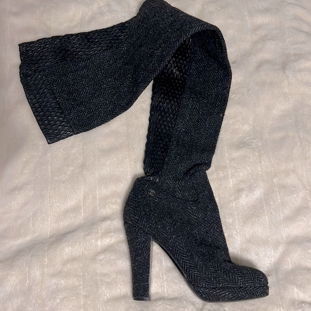 Chanel Tweed and Leather Boots (Thigh High)
